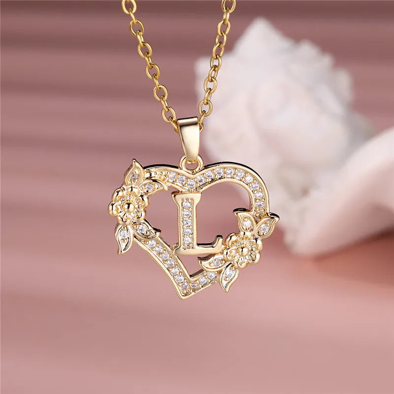 A-Z Letter Flower Heart Pendant Necklace